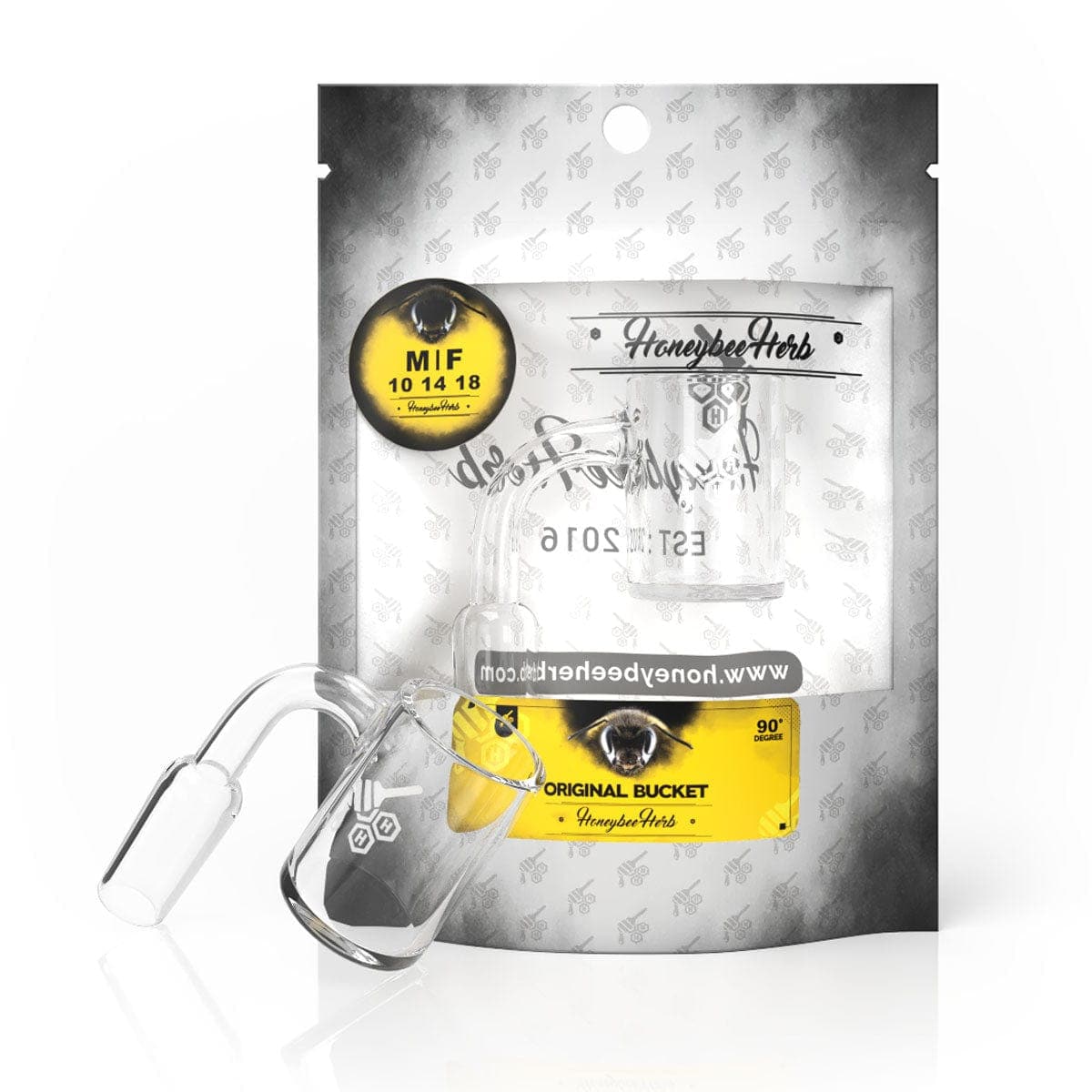 Front view of the Honeybee Herb Original Bucket Banger, a silver-colored metal insert with visible ridges against a dark background.