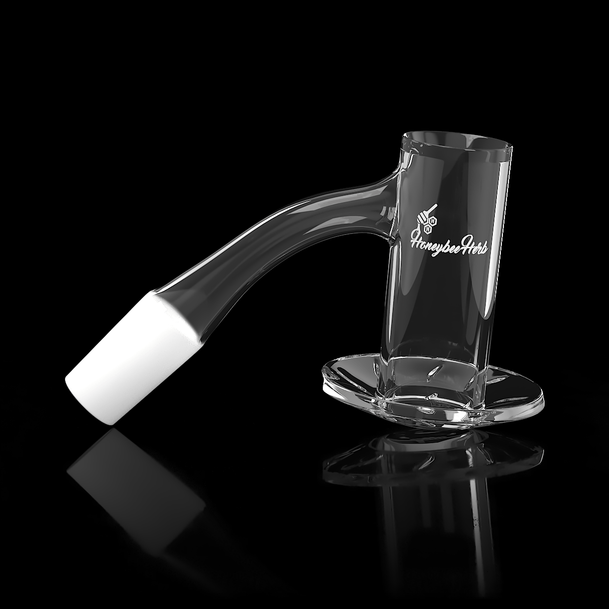 Angled close-up of the Honeybee Herb Beehive Quartz Banger - 45Â° Degree | Bl showing its curved glass neck, white joint tip, and logo on a reflective black surface