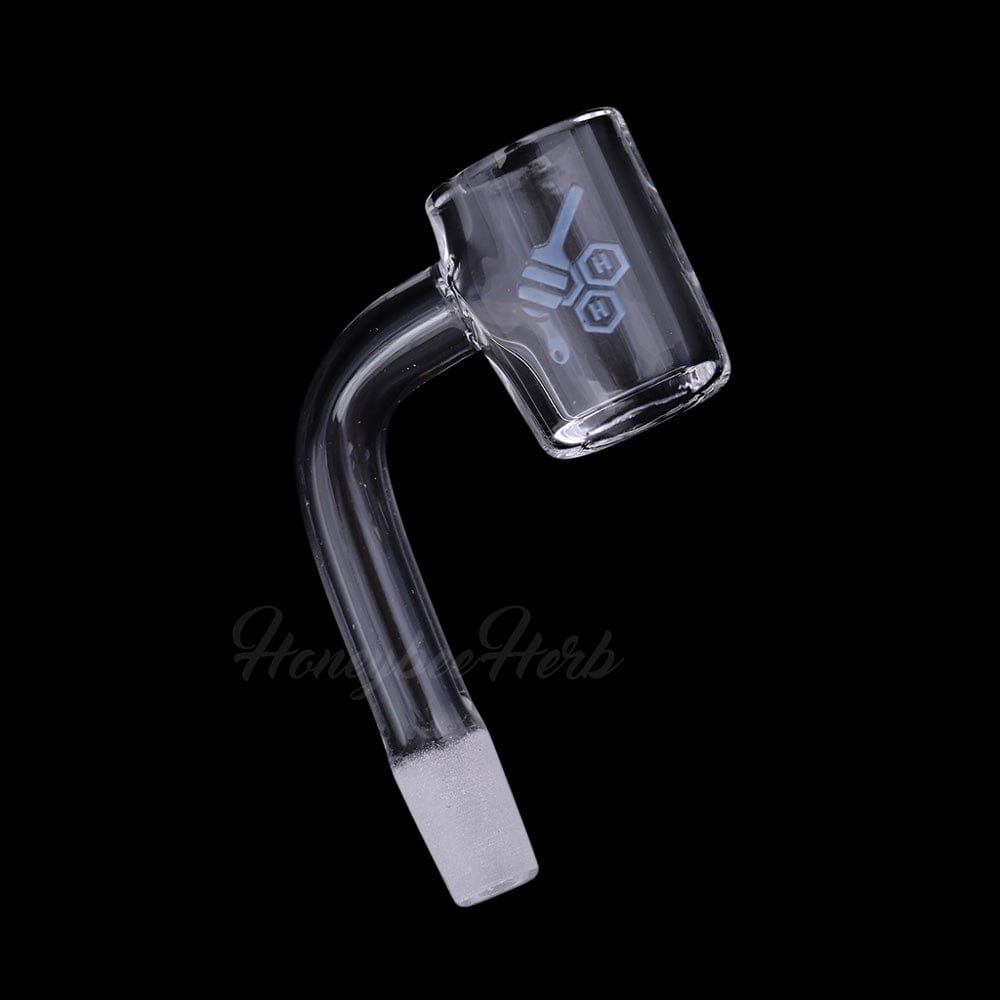 A close-up of the THICK ORIGINAL QUARTZ BANGER - 90° DEGREE  YL, showcasing its angled quartz construction and clean, reflective surface.