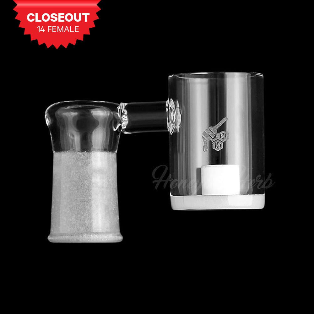 A close-up, angled view of the HONEY & MILK CORE REACTOR SIDECAR QUARTZ BANGER, showcasing its 90° degree design and clear quartz construction.