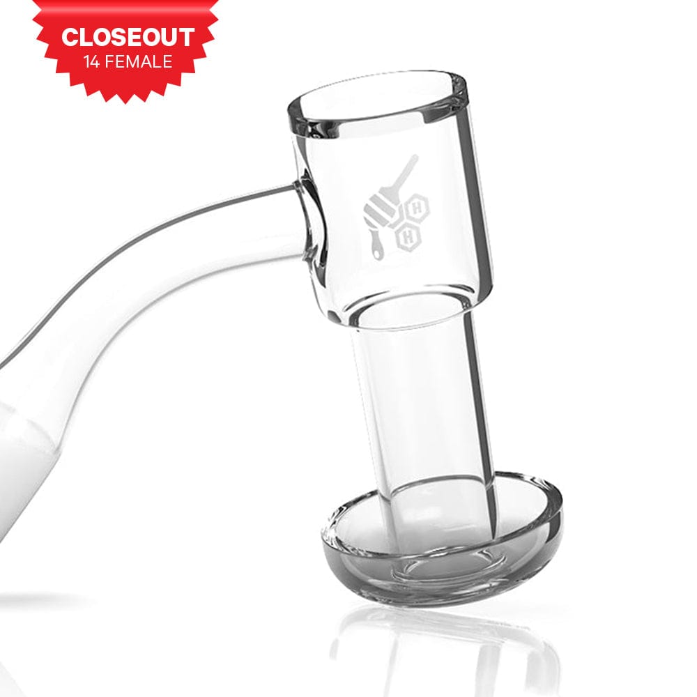 Close-up, angled view of the Honeysuckle Bevel Quartz Banger - 45° Degree  YL, displaying its transparent quartz construction.