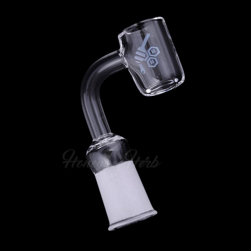 A side view of the THICK ORIGINAL QUARTZ BANGER - 90° DEGREE  YL, showcasing its angled quartz construction and clear glass finish.