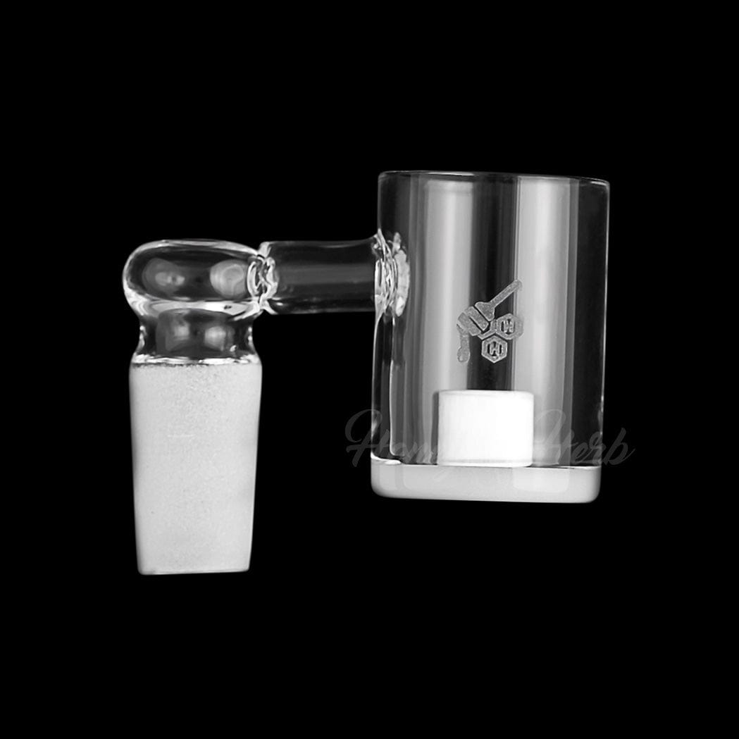 A side view of the HONEY & MILK CORE REACTOR SIDECAR QUARTZ BANGER, showing its 90° angle and clear quartz construction.