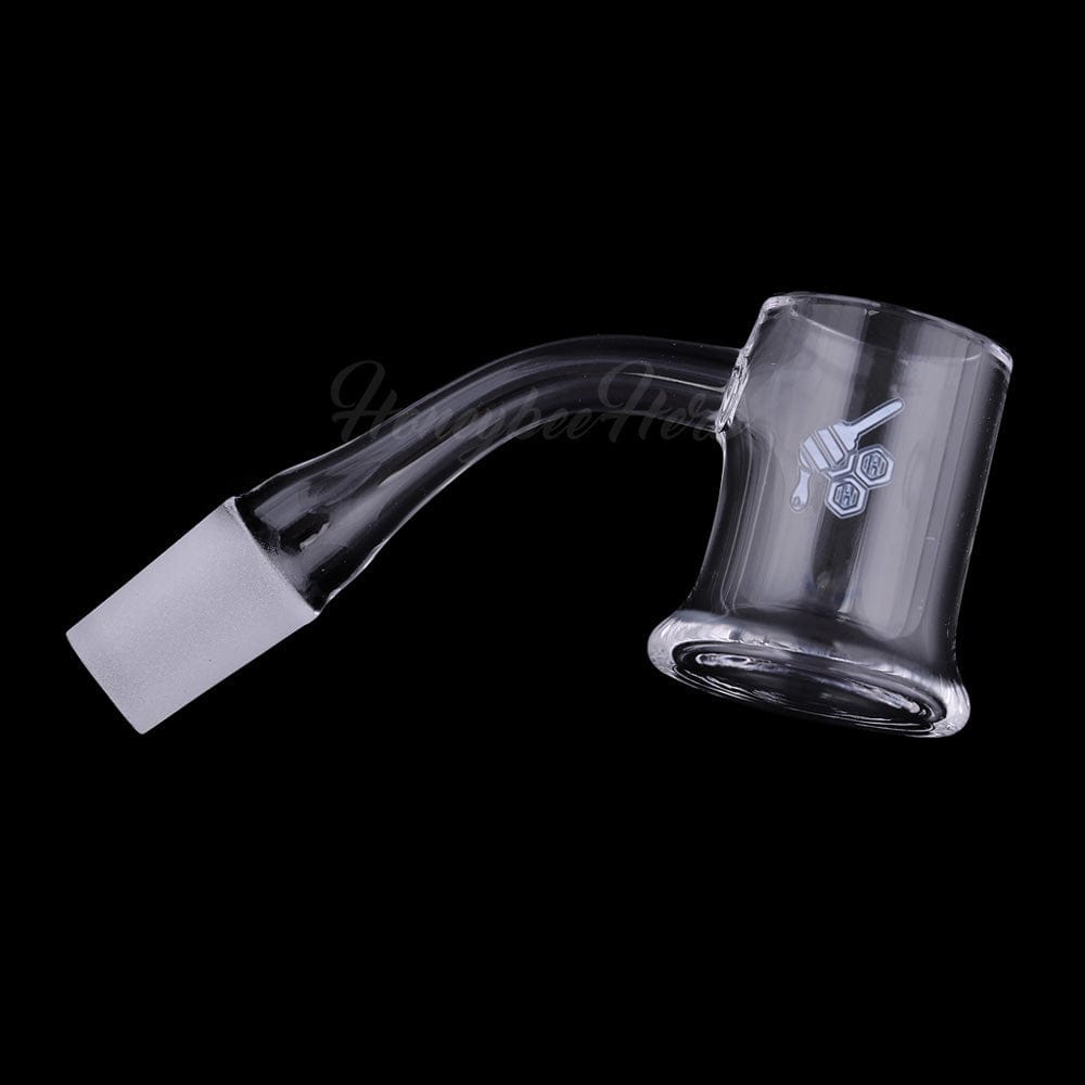 A close-up, angled view of the HONEY MUG QUARTZ BANGER - 45° DEGREE, showcasing its polished, reflective surface and open cavity.