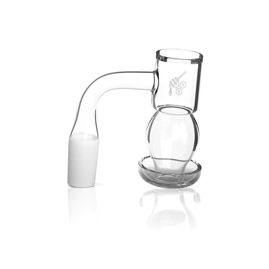 A close-up, angled view of the HONEYSUCKLE BUBBLE QUARTZ BANGER - 90° DEGREE, showcasing its clear quartz construction and angled design.