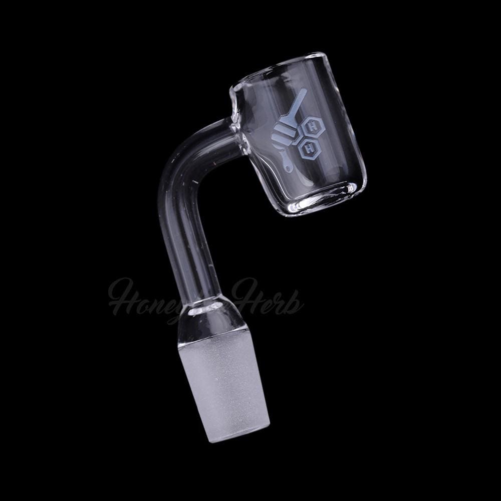 A close-up, angled view of the YL THICK ORIGINAL QUARTZ BANGER - 90° DEGREE, showcasing its clear quartz construction and 90-degree bend.