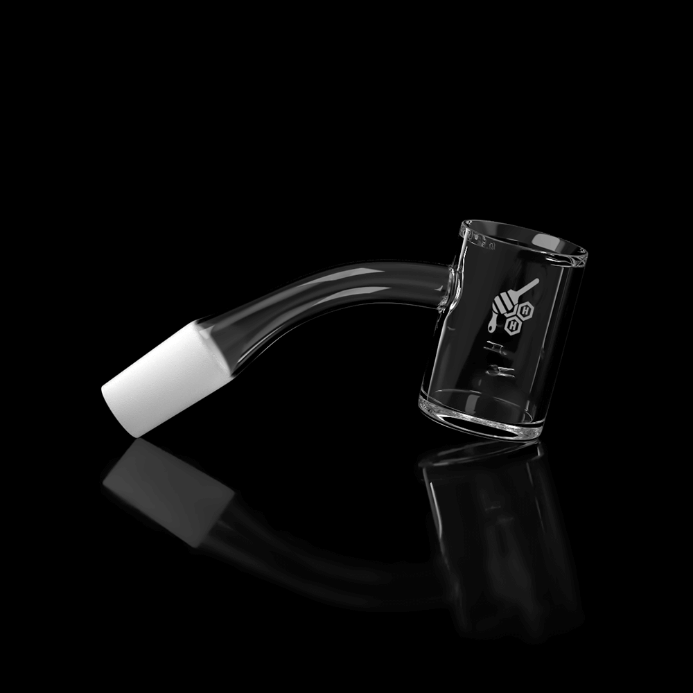 A 45-degree angled view of the Whirlwind Quartz Banger, reflecting light on its polished surface against a dark background.