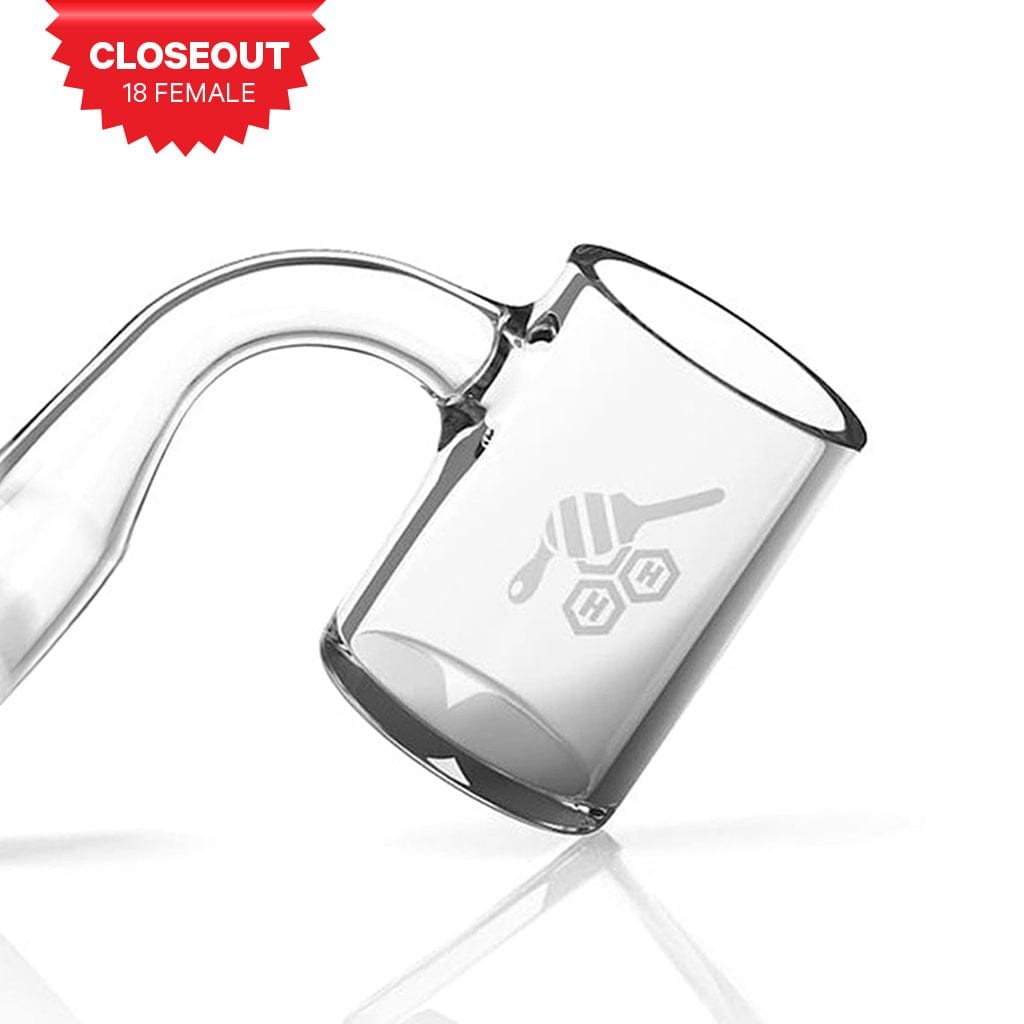 A close-up, angled view of the FLAT TOP ORIGINAL QUARTZ BANGER - 90° DEGREE  YL, showcasing its clear quartz construction and 90-degree angle.