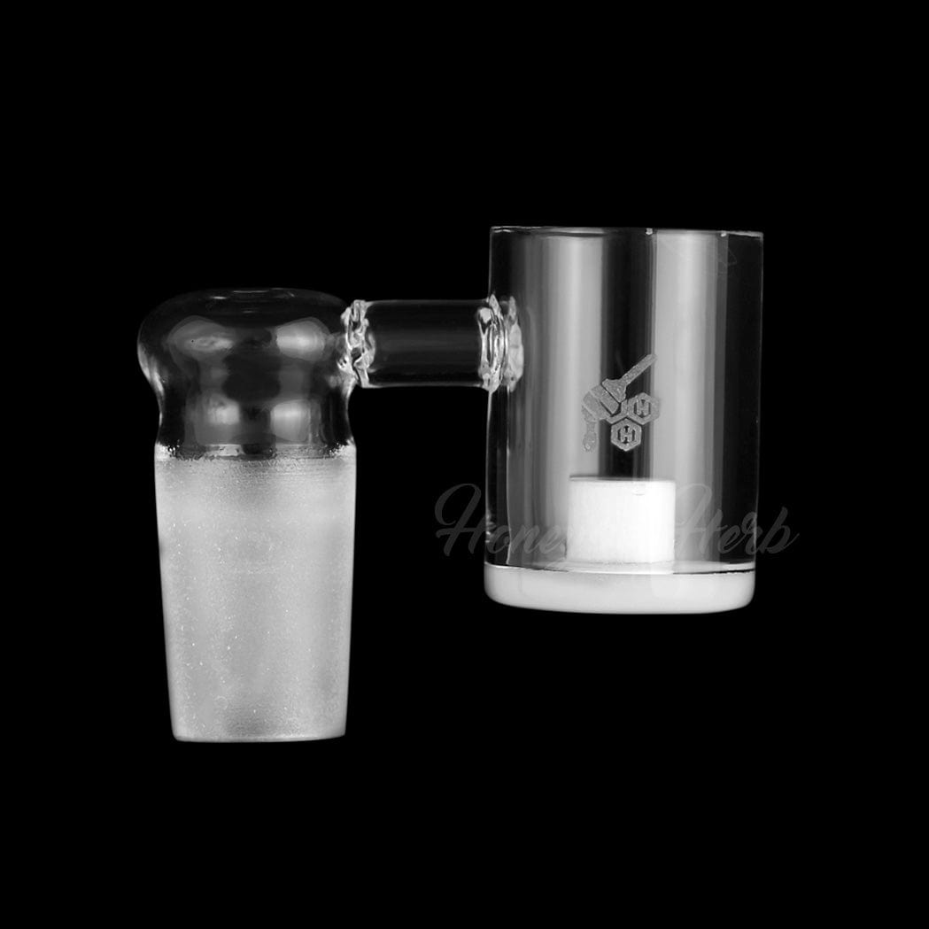 A studio shot of the HONEY & MILK CORE REACTOR SIDECAR QUARTZ BANGER, displaying a 90-degree angled clear glass design.