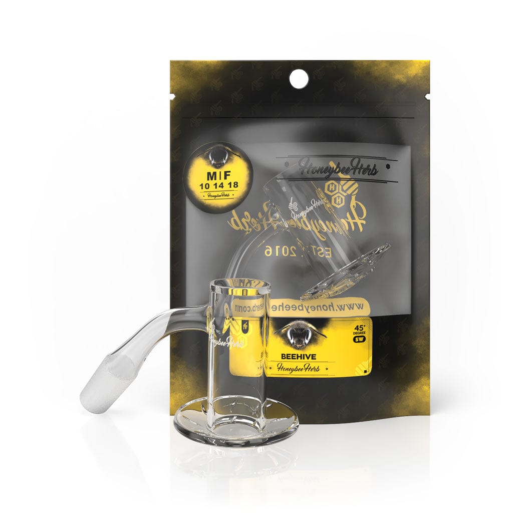 Front view of the Honeybee Herb Beehive Quartz Banger - 45Â° Degree | Bl 14mm male shown on a white surface with its curved joint angled left and black-and-yellow branded packaging behind.