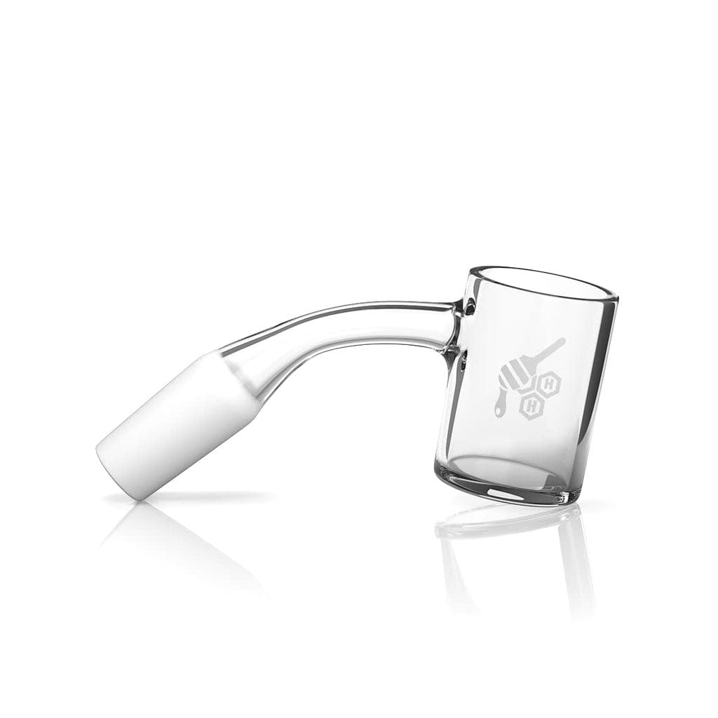 The FLAT TOP ORIGINAL QUARTZ BANGER - 45° DEGREE  YL is shown in a side view with a polished, reflective surface and a 45-degree angle.