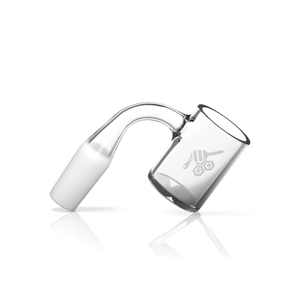 A side view of the FLAT TOP ORIGINAL QUARTZ BANGER - 90° DEGREE  YL, showcasing its angled quartz construction and reflective surface.