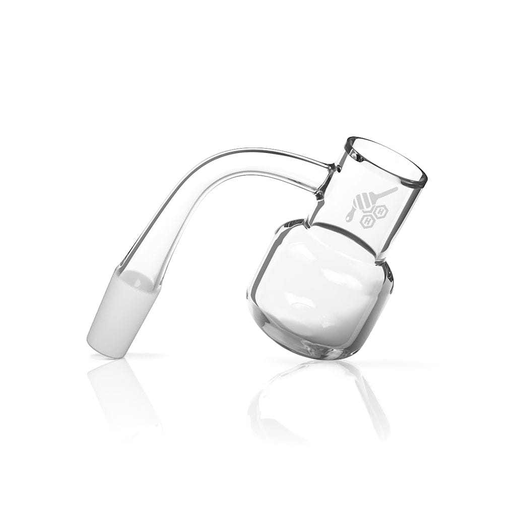 Angled studio shot of the Honey Kettle Quartz Banger - 90Â° Degree | Yl showing the clear 90-degree joint and rounded bucket with its small logo on a white reflective background.