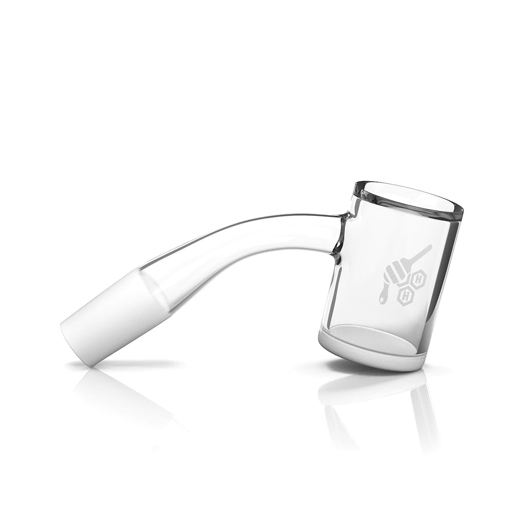 A 45-degree angled view of the HONEY & MILK BEVEL QUARTZ BANGER, showcasing its clear quartz construction and beveled edge.