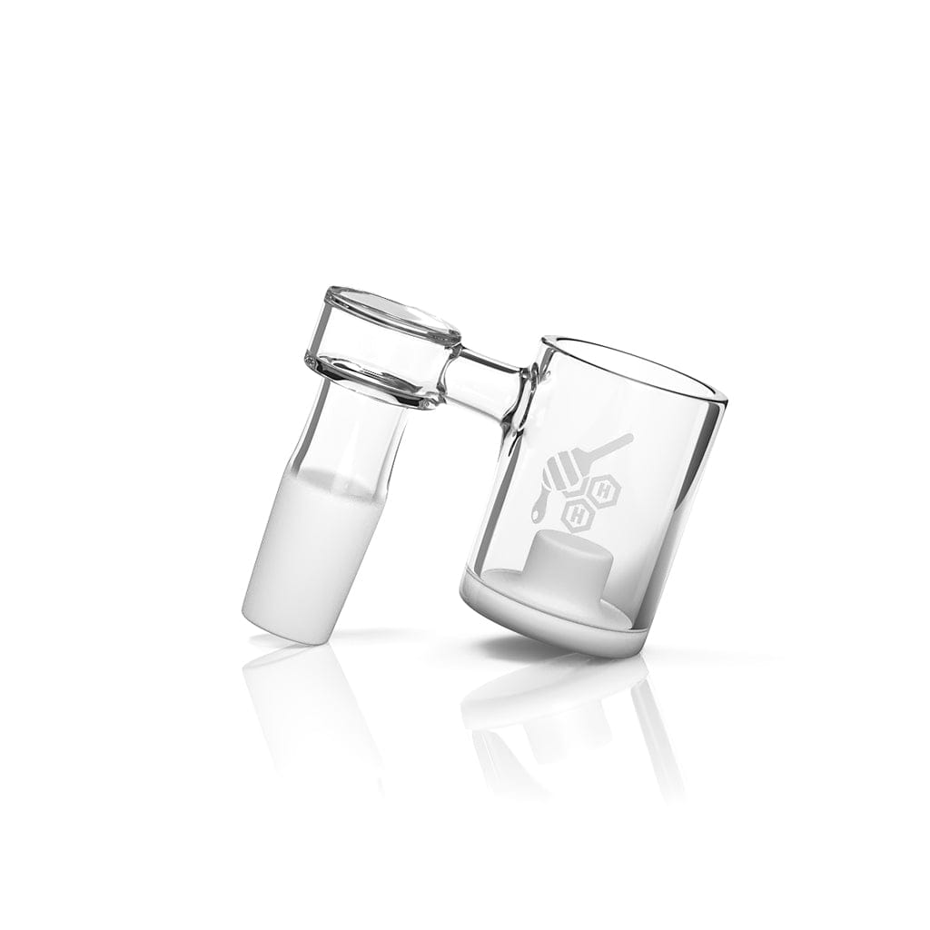 A close-up, angled view of the HONEY & MILK CORE REACTOR SIDECAR QUARTZ BANGER, showcasing its clear glass construction and 90° degree joint.