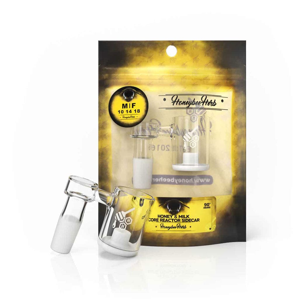 A side view of the HONEY & MILK CORE REACTOR SIDECAR QUARTZ BANGER, displaying the 90° degree angle and clear quartz material.