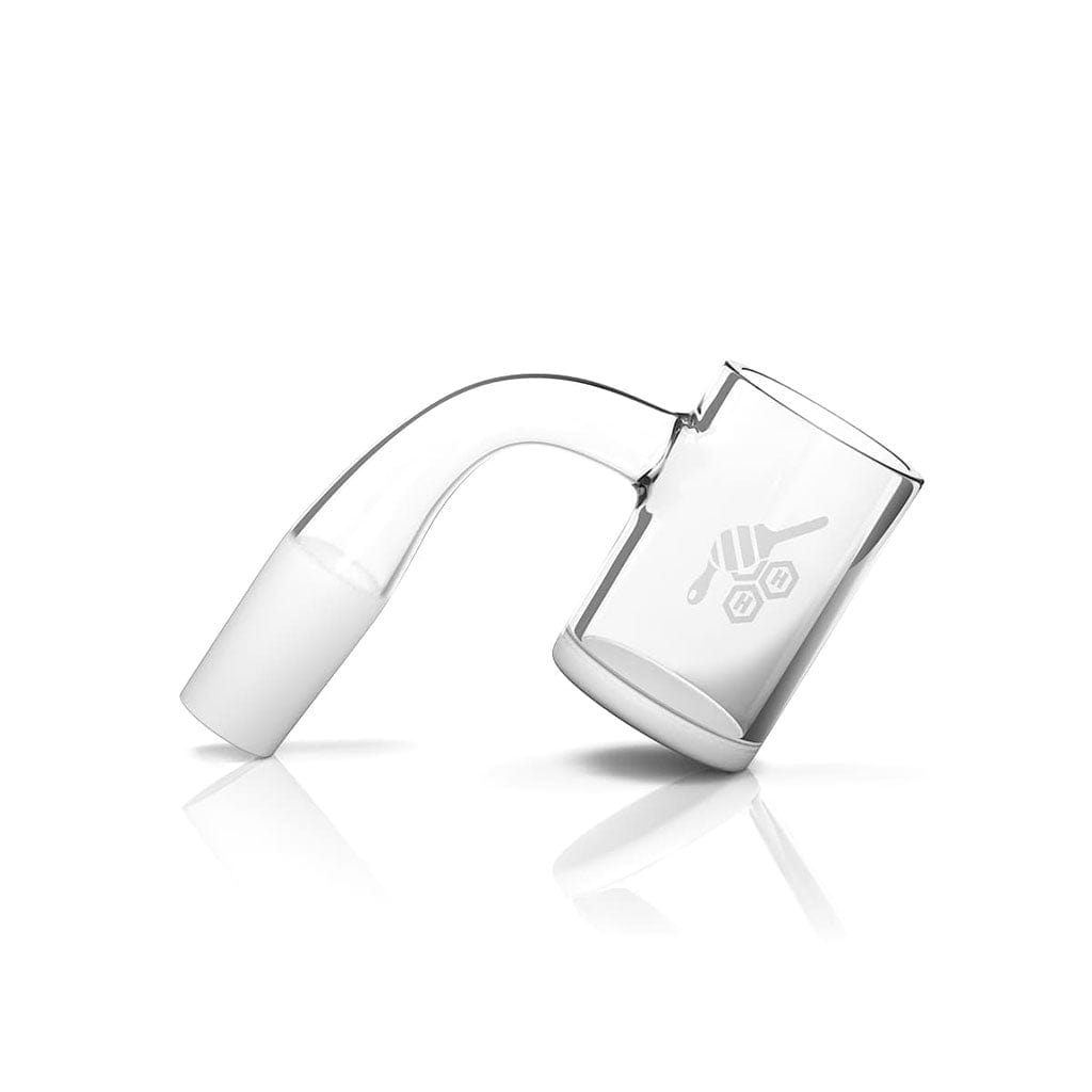 A tilted, close-up view of the Honey & Milk Quartz Banger – 90° Degree, showing its clear, reflective surface and angled design.