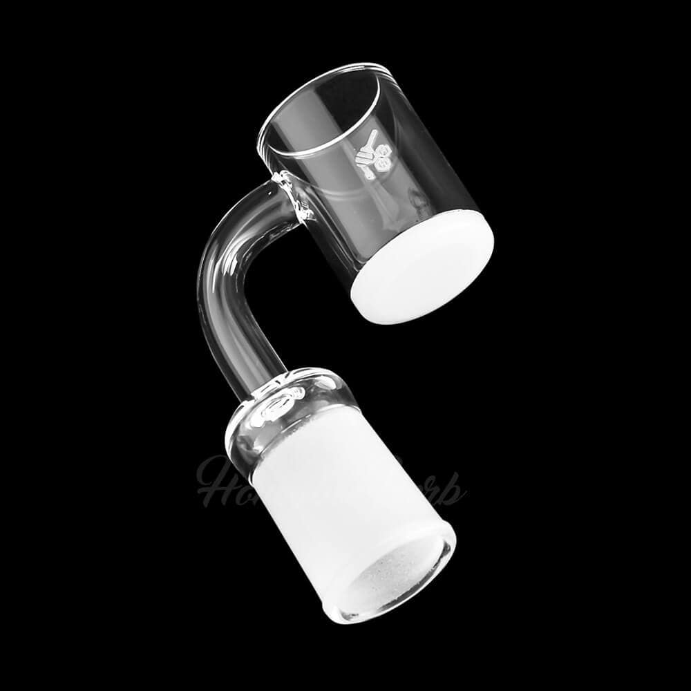 A close-up, angled view of the Honey & Milk Quartz Banger - 90° Degree  YL, showing its clear quartz construction.