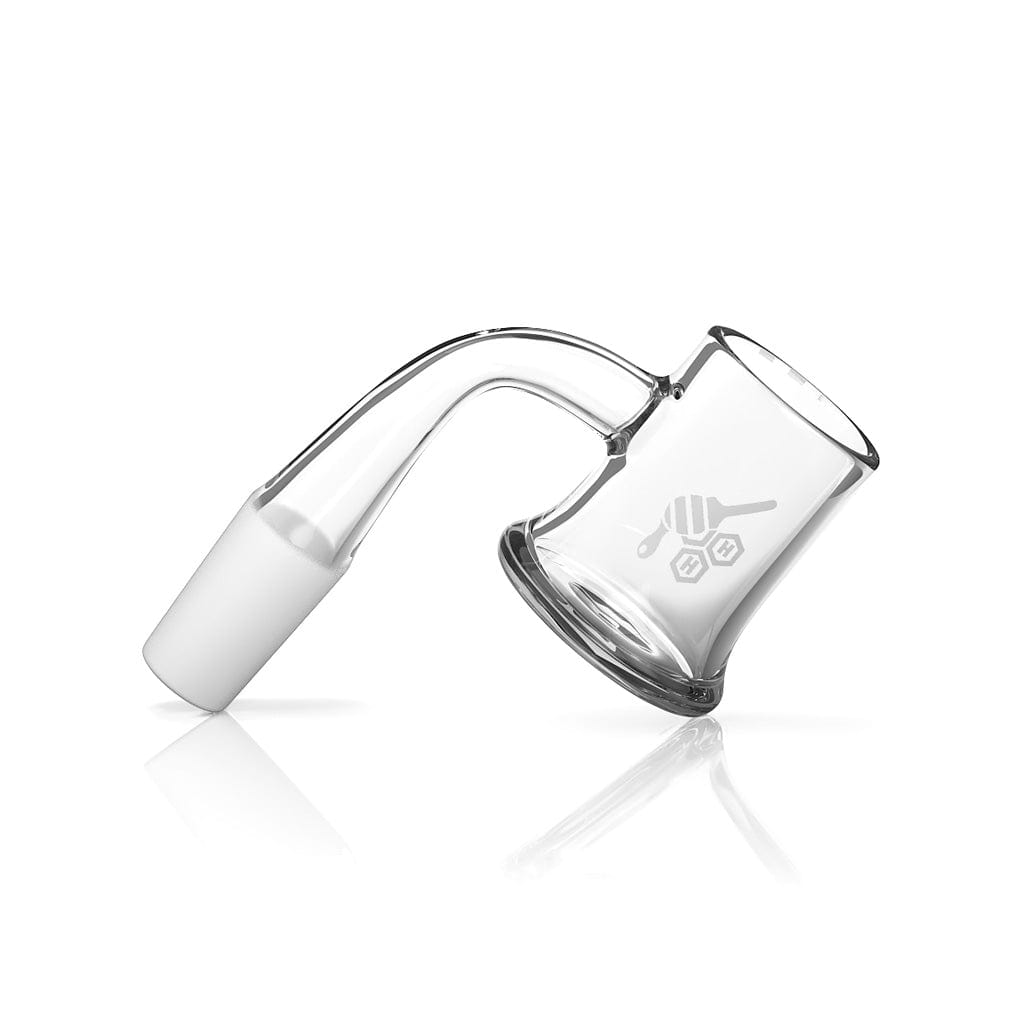 A sharply angled, studio shot of the HONEY MUG QUARTZ BANGER - 90° DEGREE, showcasing its reflective, clear quartz construction.