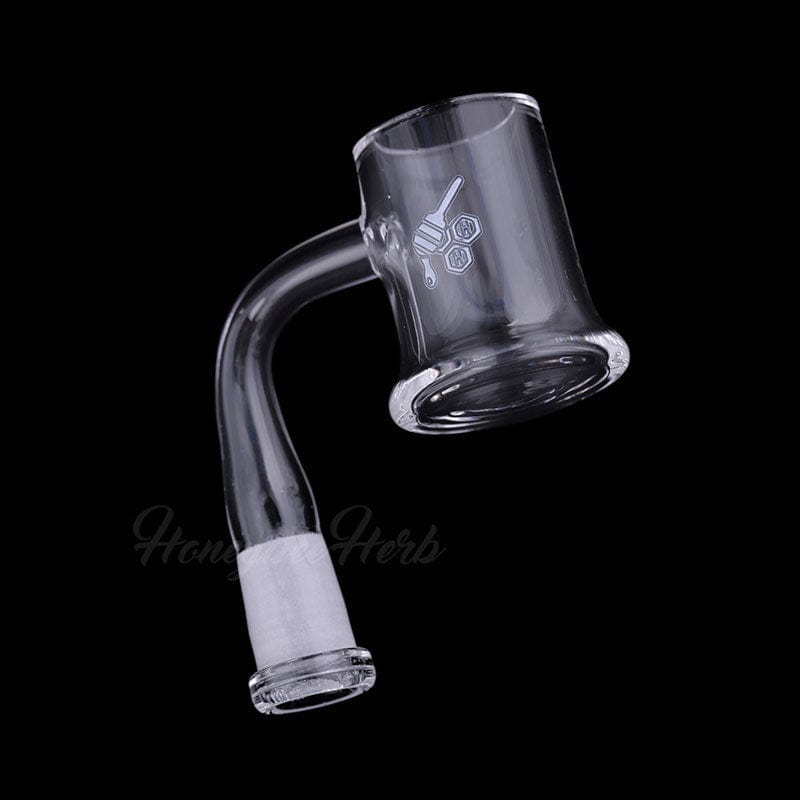 A three-quarter view of the HONEY MUG QUARTZ BANGER - 90° DEGREE, showing its angled, clear quartz construction.