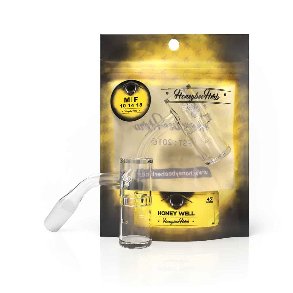 A studio shot of the HONEY WELL QUARTZ BANGER - 45° DEGREE, showing a clear quartz banger angled slightly to the right.