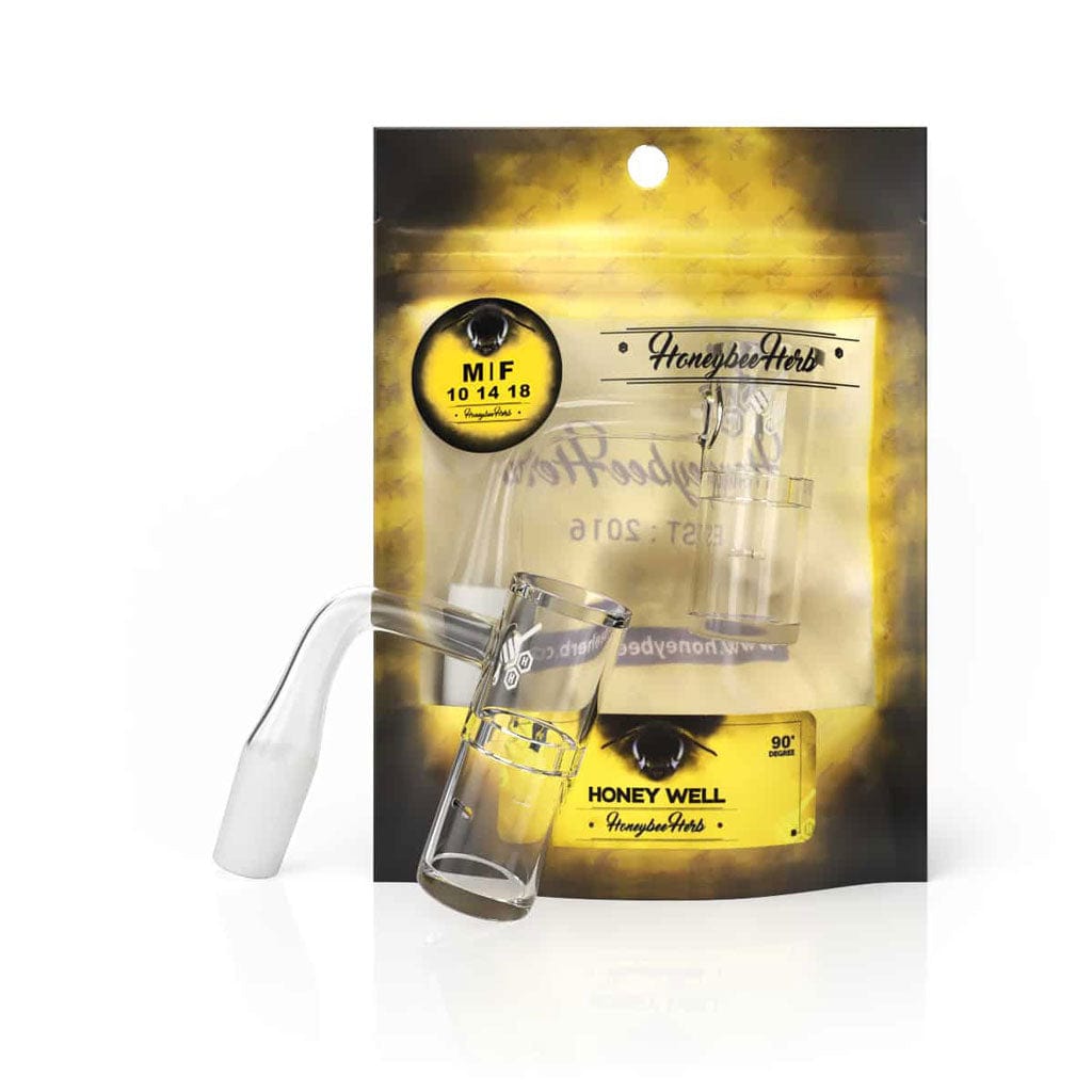 A close-up shot of the HONEY WELL QUARTZ BANGER - 90° DEGREE, angled to showcase its reflective surface and minimal design.