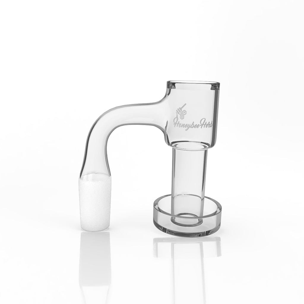 Side view of the clear Honeysuckle Bevel Quartz Banger - 90Â° Degree | Bl showing its curved 90° joint and cylindrical bucket on white.