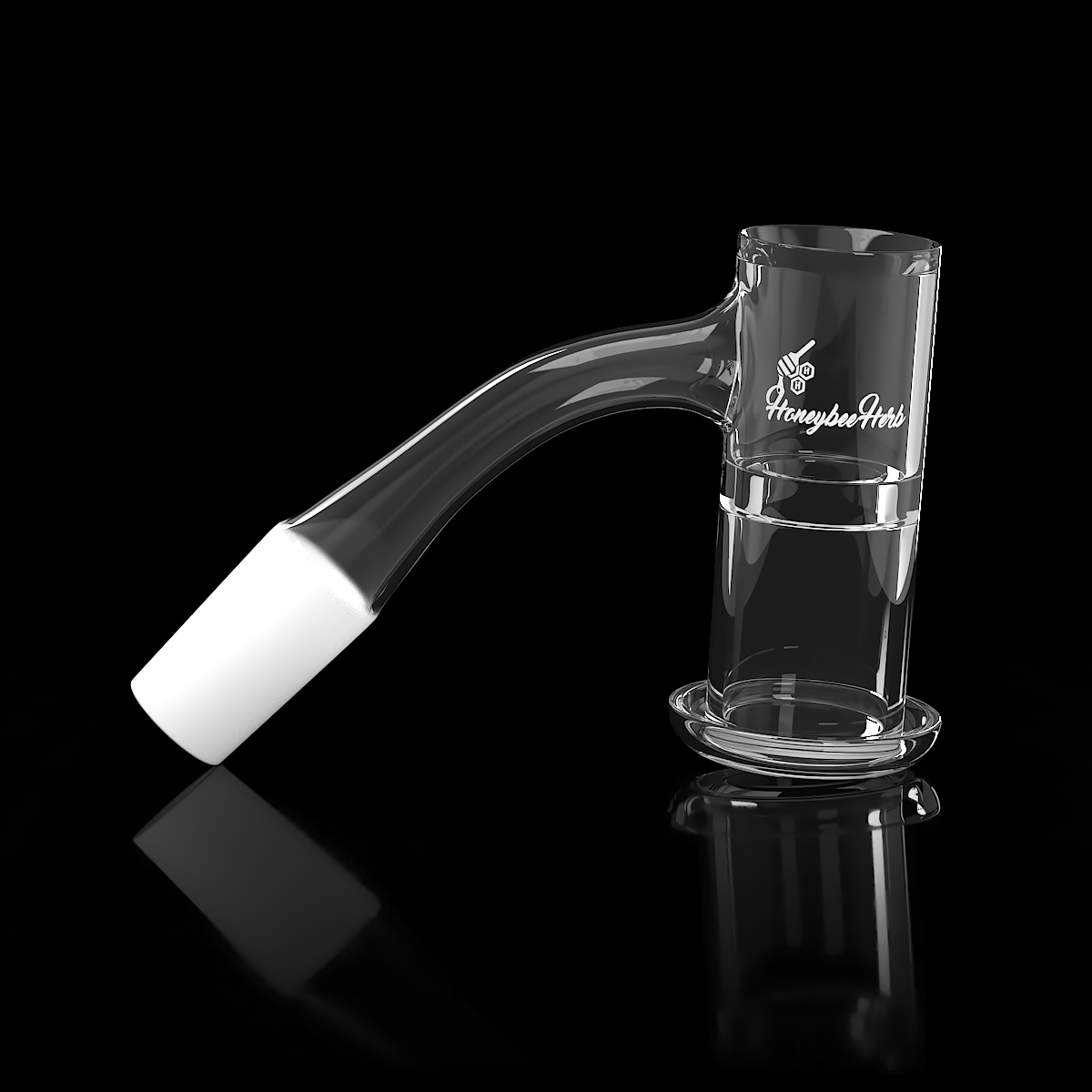 Angled close-up of the Honeysuckle Xl Quartz Banger - 45Â° Degree | Bl showing its curved clear glass neck and white frosted 14mm male joint against a black reflective background