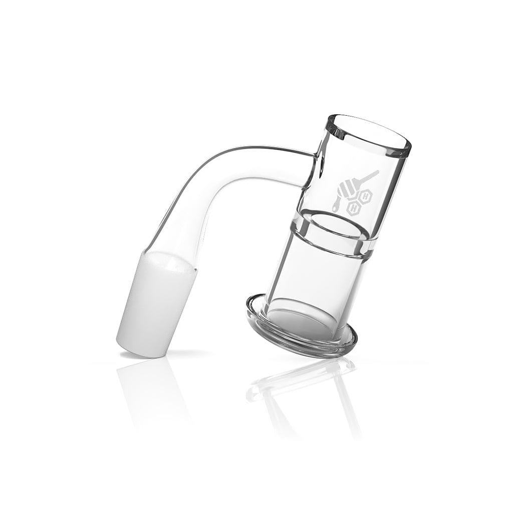Angled close-up of the clear glass Honeysuckle Xl Quartz Banger - 90Â° Degree | Yl showing its 90-degree arm, cylindrical bucket, and subtle logo against a white background