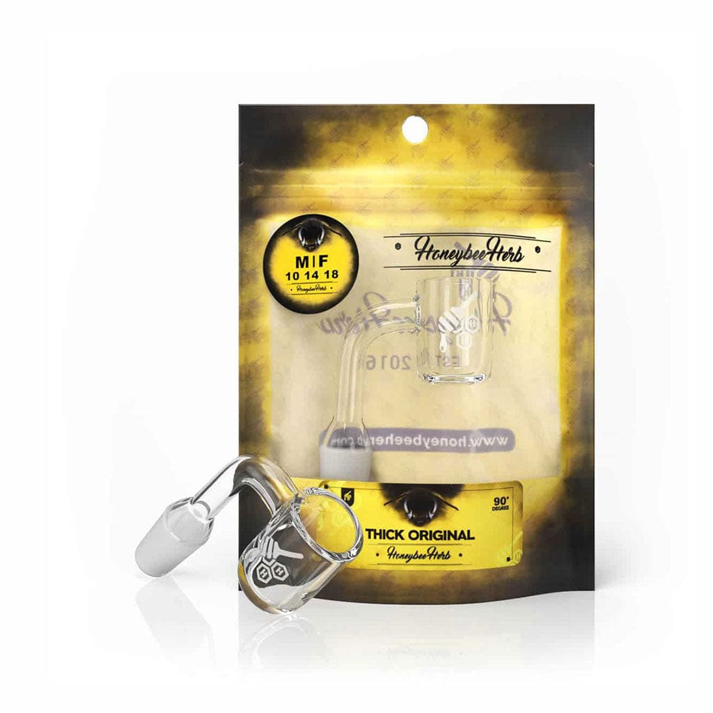 Front view of the THICK ORIGINAL QUARTZ BANGER - 90° DEGREE  YL, showcasing its clear quartz construction and angled joint.