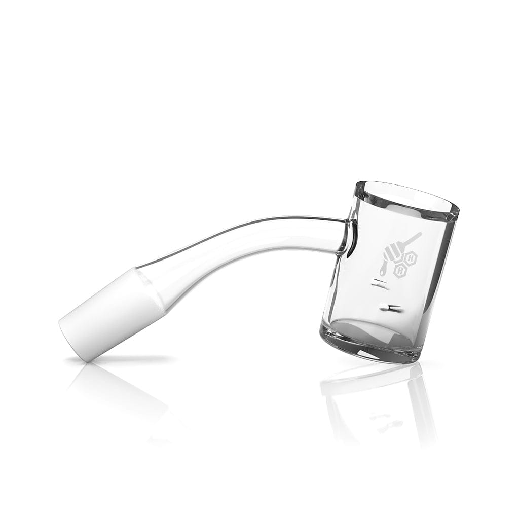 A 45-degree angled view of the Whirlwind Quartz Banger, showcasing its clear glass construction and reflective surface.
