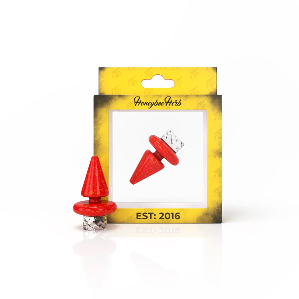 Close-up of the Honeybee Triangle Spinner Carb Cap, displaying its angled, reflective surface against a stark white backdrop.