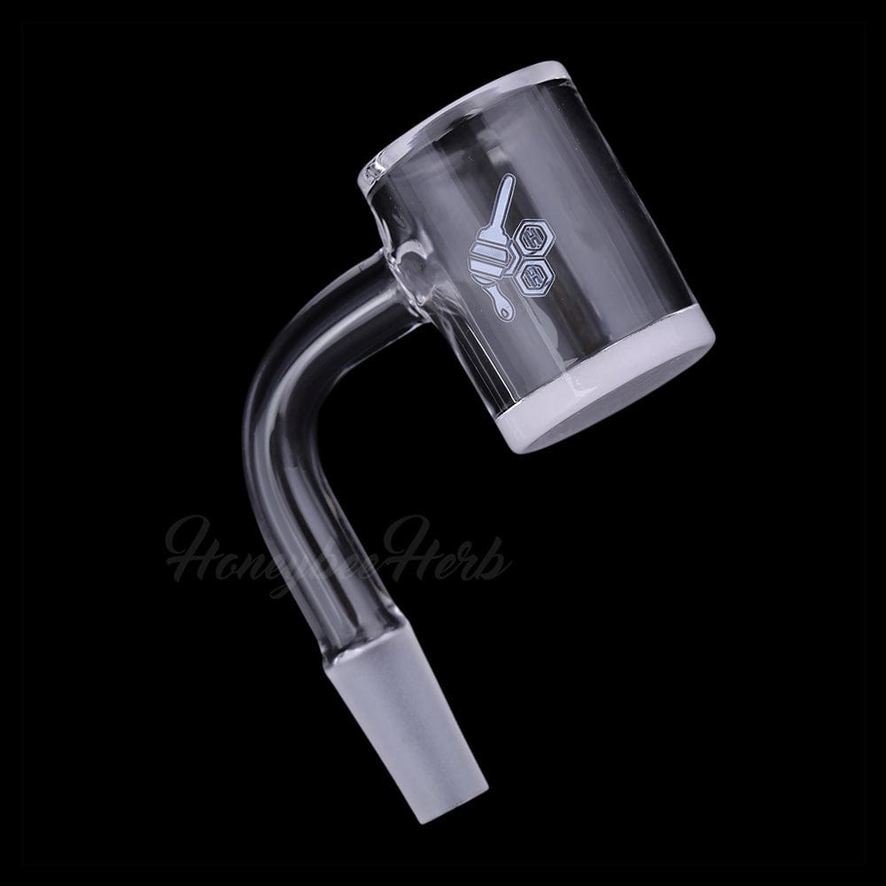 A three-quarter view of the HONEY & MILK BEVEL QUARTZ BANGER - 90° DEGREE  YL, showcasing its angled, clear quartz construction.