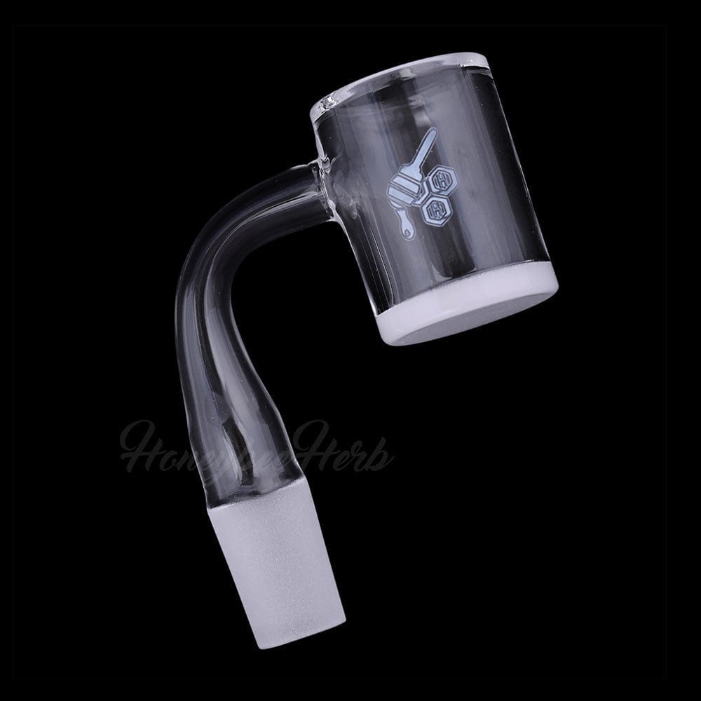 A close-up shows the HONEY & MILK BEVEL QUARTZ BANGER - 90° DEGREE  YL with a sharply angled, clear quartz construction.