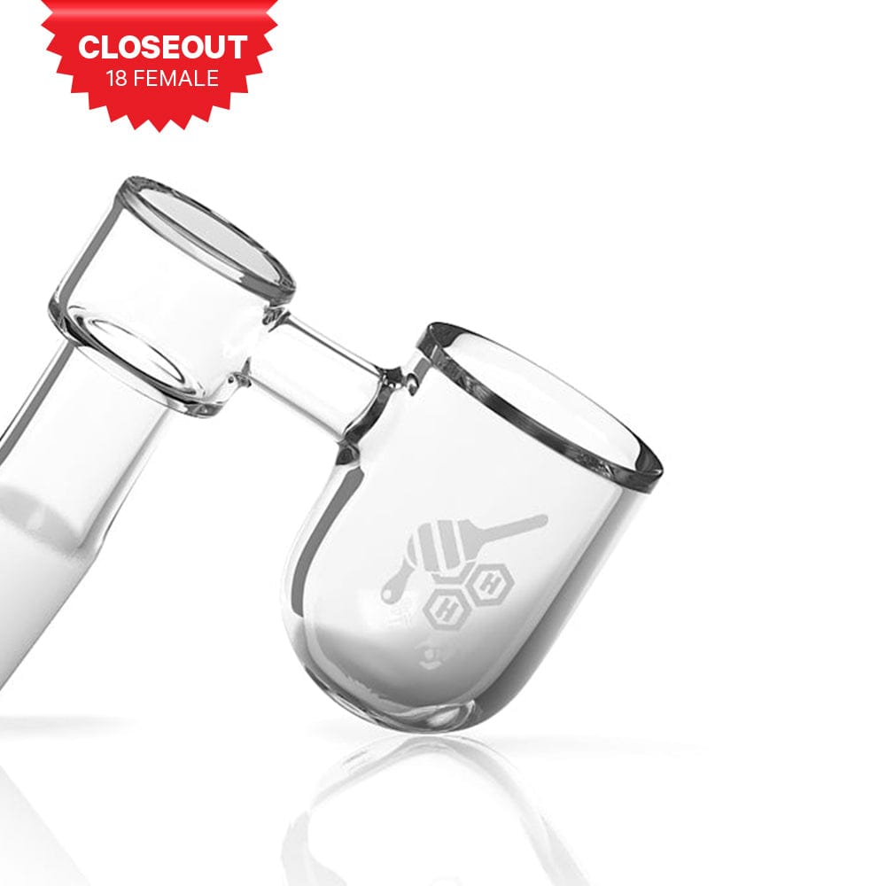 A side view of the HONEY BEVEL BOWL SIDECAR QUARTZ BANGER - 90° DEGREE  YL, showcasing its angled design and clear quartz construction.