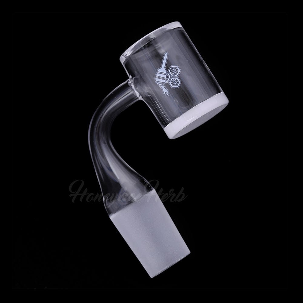A close-up angled view of the HONEY & MILK BEVEL QUARTZ BANGER - 90° DEGREE, showcasing its clear quartz construction and angled design.