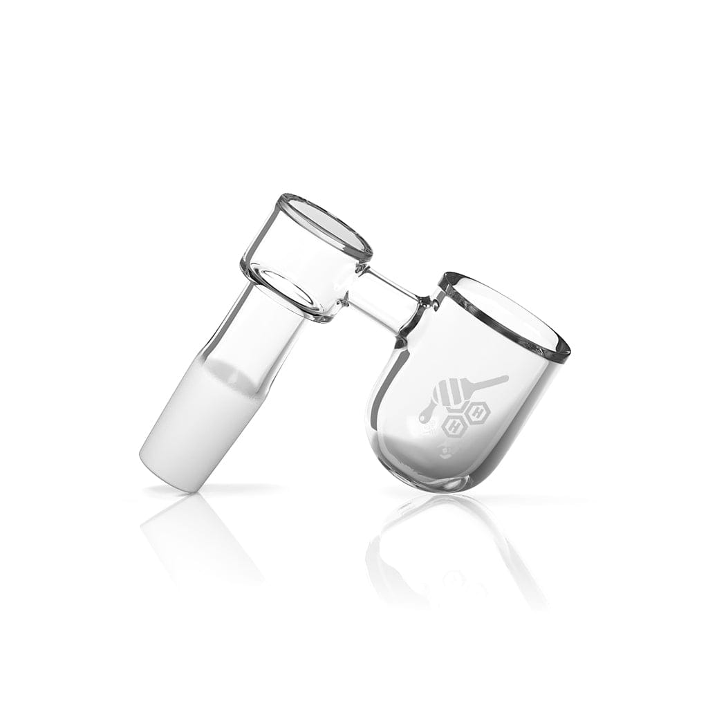 A studio shot displays the HONEY BEVEL BOWL SIDECAR QUARTZ BANGER - 90° DEGREE  YL, with a clear quartz banger positioned at a sharp angle.