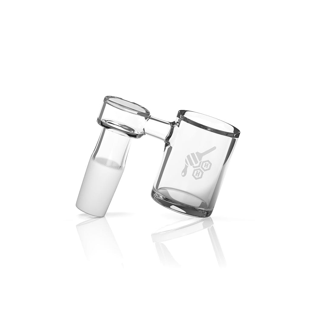 A studio shot of the ORIGINAL BEVEL SIDECAR QUARTZ BANGER - 90° DEGREE  YL, with a clear, angled view of the quartz banger on a reflective surface.