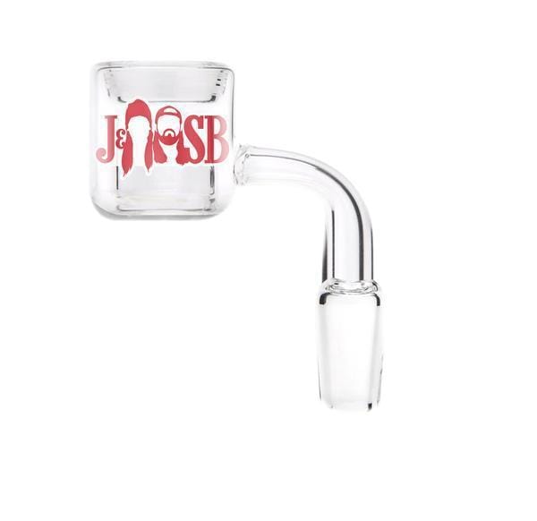 Side view of a clear Quartz Thermal Banger showing a 45º bent joint and a square bucket with red logo on a white background