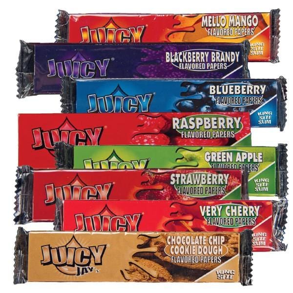 A stack of King Size Flavoured Rolling Papers with vibrant, patterned packaging in shades of red, blue, and green.
