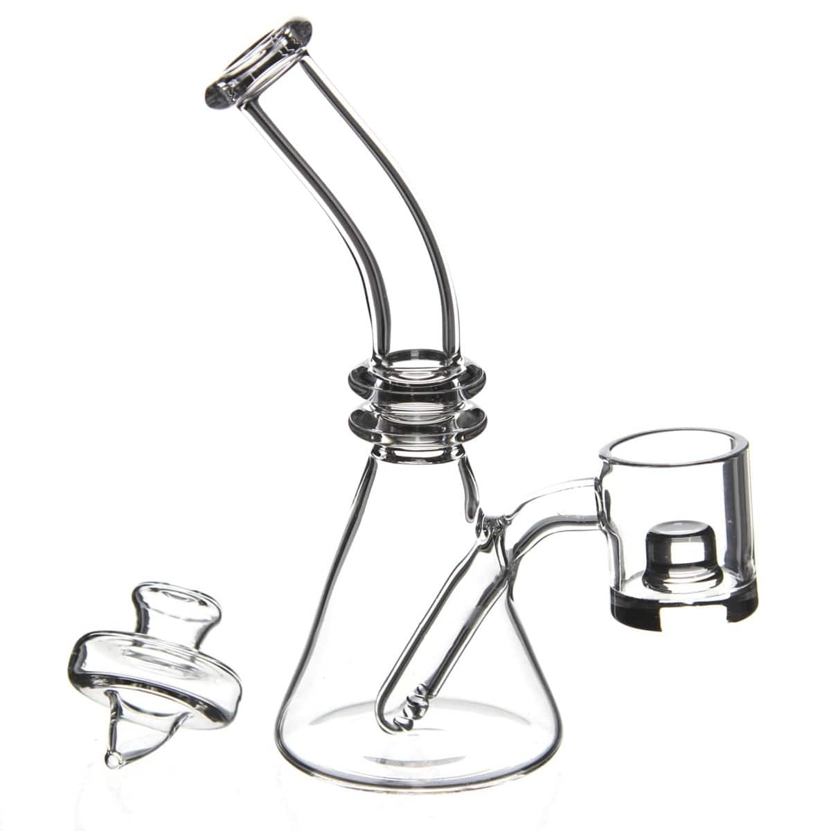 A close-up, angled view of the Quartz Mini Dab Rig Collection, featuring a small clear glass rig alongside its accompanying quartz insert.
