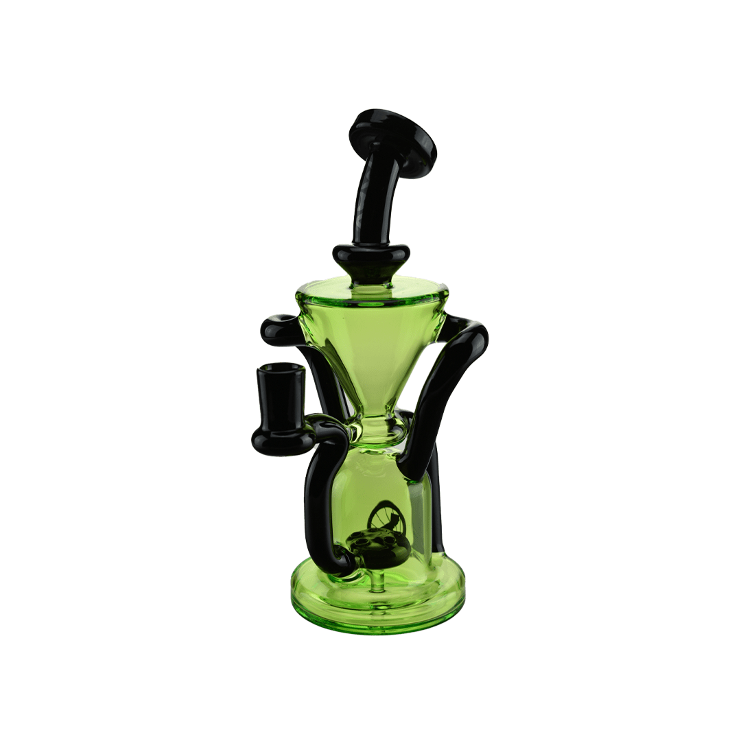 Centered front view of The Humboldt Recycler, a small neon green glass recycler with glossy black accents and curved mouthpiece against a plain background