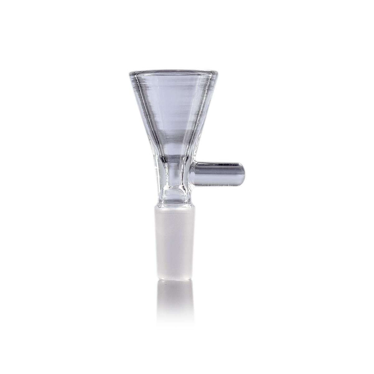 Centered front view of a clear MJ Arsenal Cache Bowl (10mm) on a white background with soft reflection beneath.