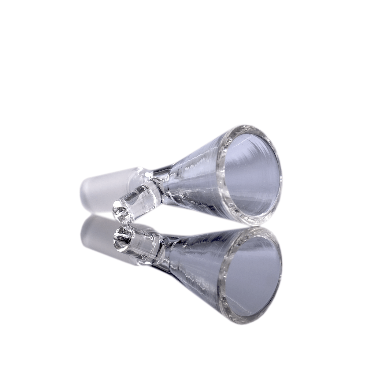Angled close-up of the MJ Arsenal Cache Bowl (10mm) glass cone resting on a reflective white surface, showing its flared rim and mirrored underside.