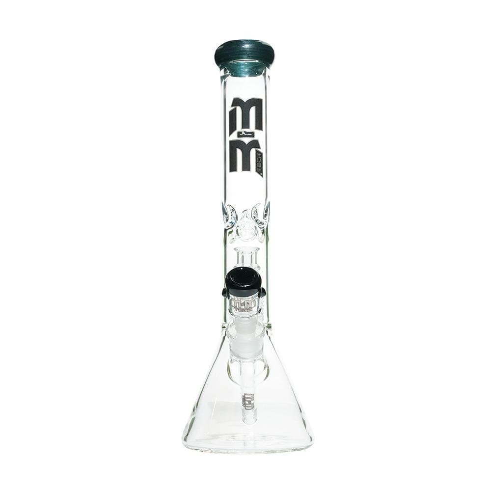 A studio shot displays the M&M Tech Beaker with Chandelier Percolator, showcasing its clear glass construction and intricate internal design.