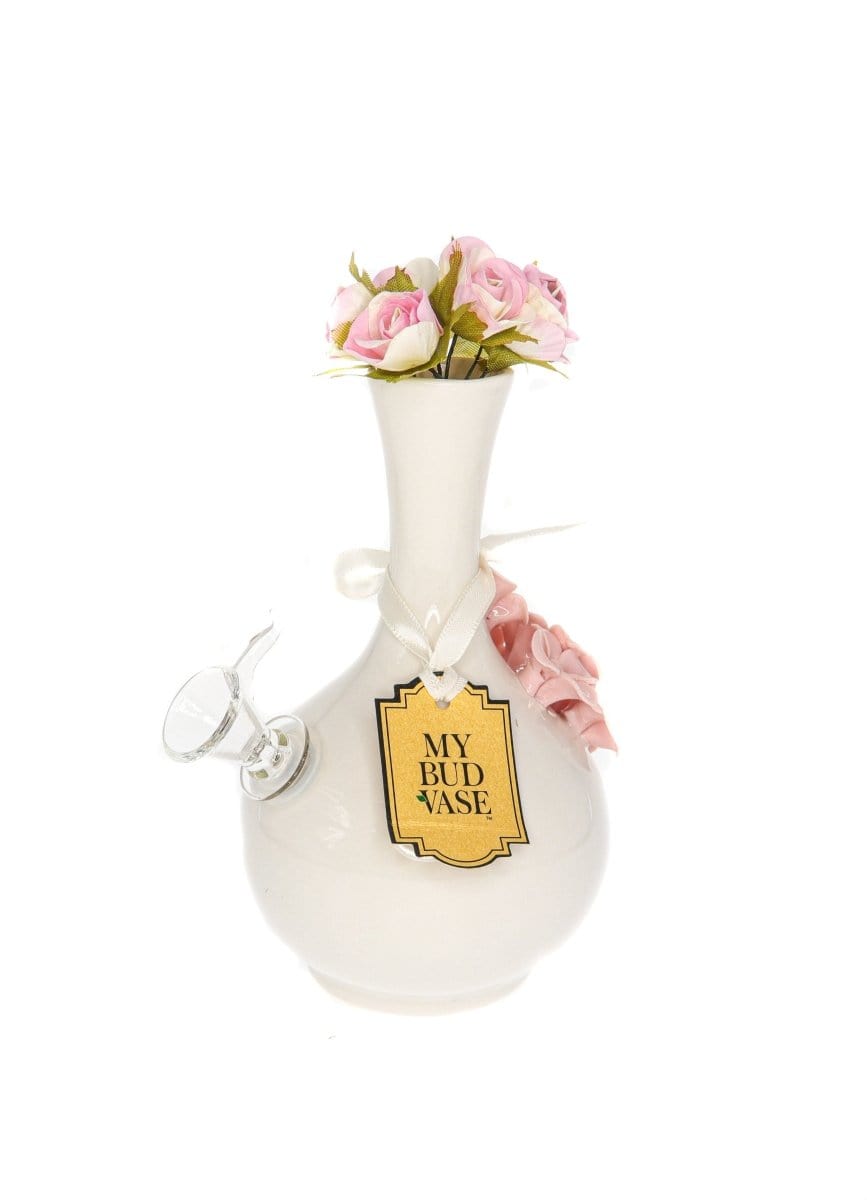 A slightly angled view of the “My Bud Vase Friends” water pipe, with a floral arrangement in its neck.
