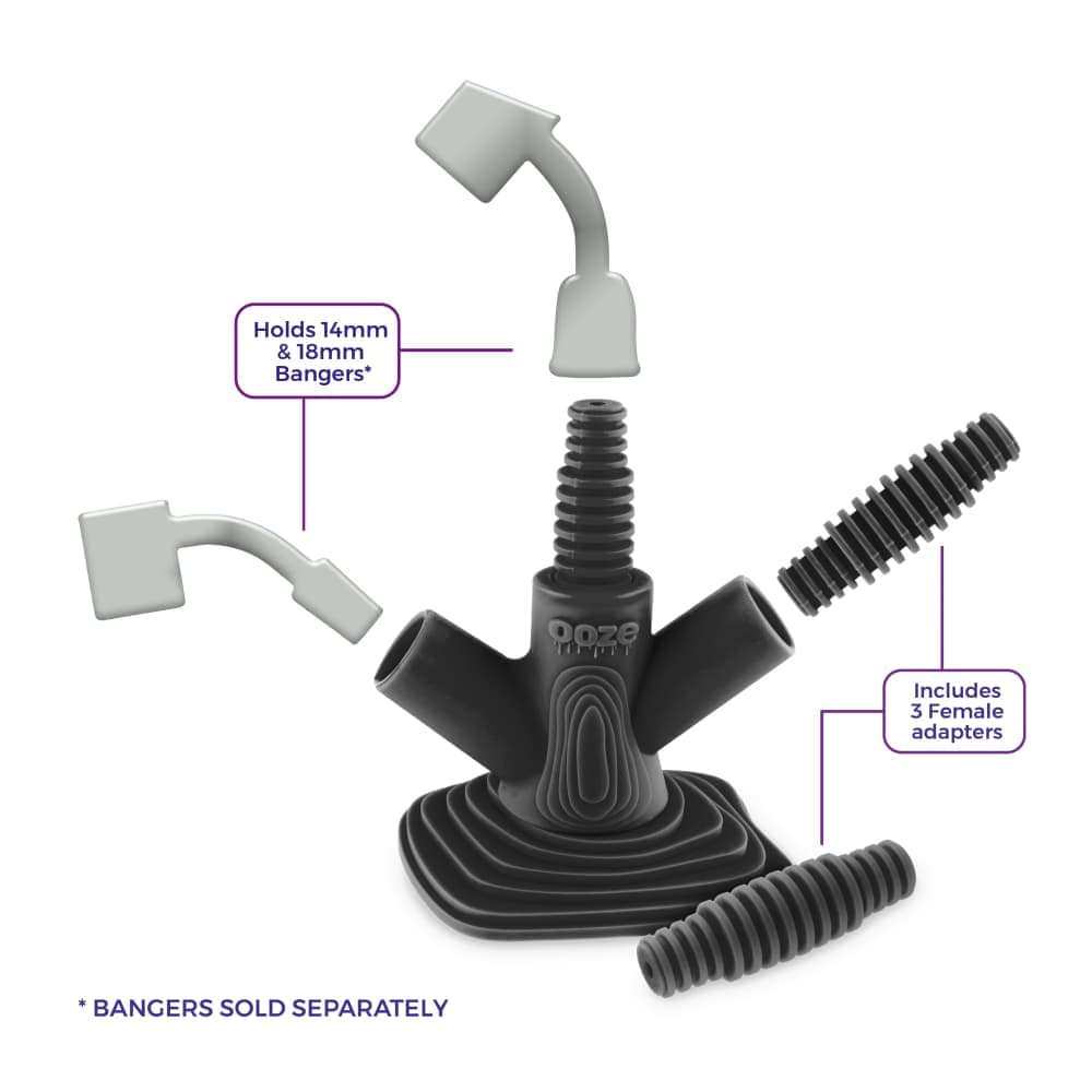 A close-up, angled view of the Ooze Banger Hanger Silicone Banger Stand holding a glass banger, against a plain white background.