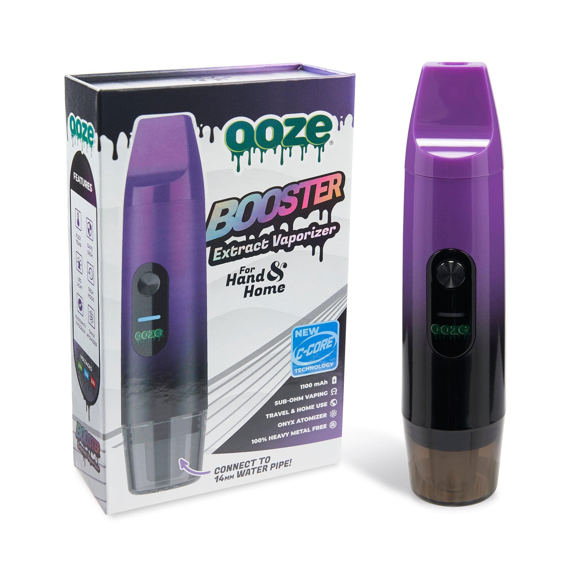 Front view of the Ooze Booster Extract Vaporizer – C-Core 1100 mAh, showcasing its purple finish and prominent branding details.
