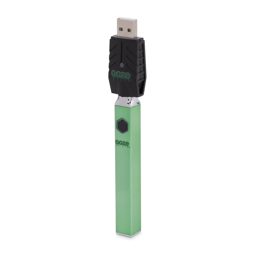 A close-up, angled view of the Ooze Quad 510 Thread 500 mAh Square Vape Pen Battery, showcasing its dark gray, modern square design.