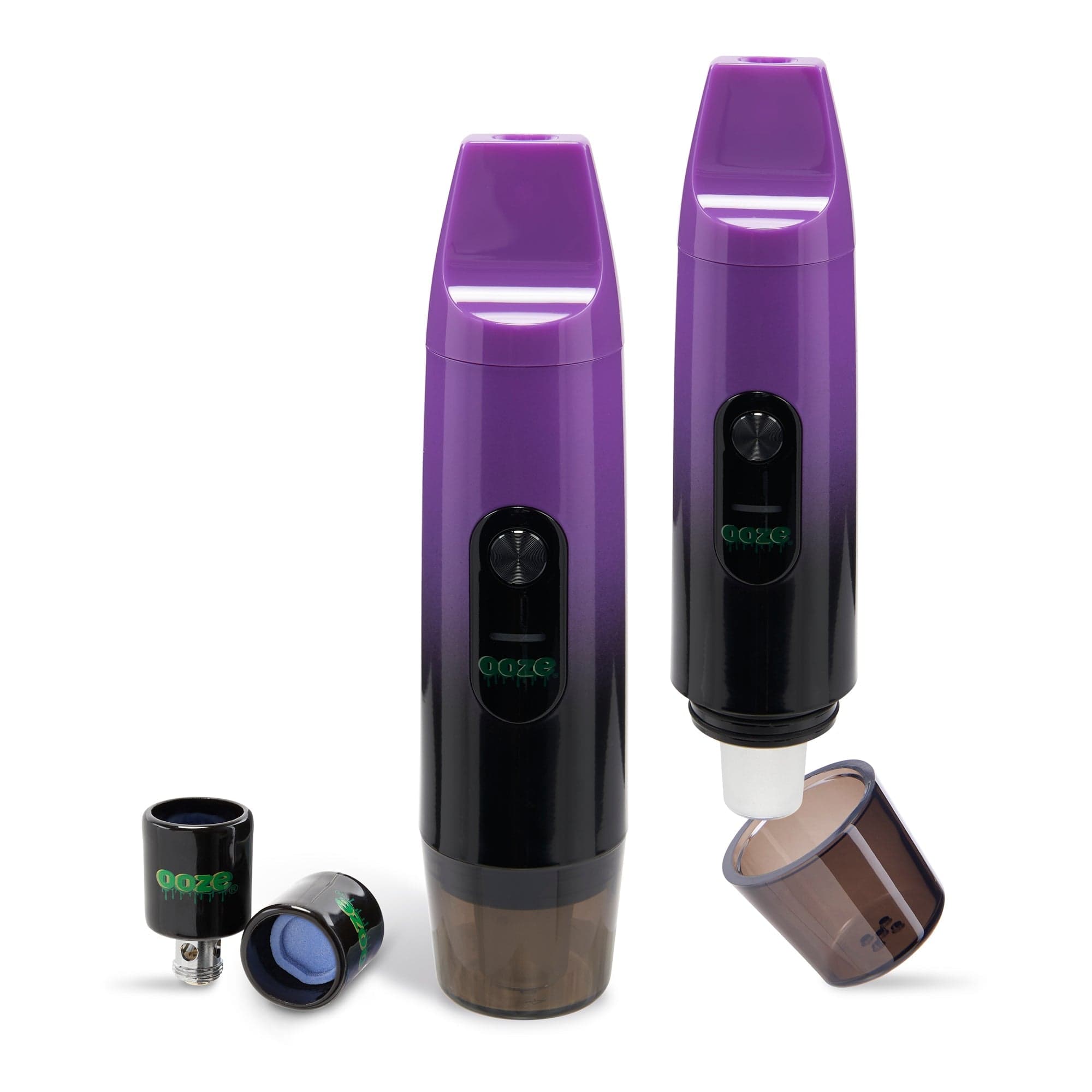 A slightly angled view of the Ooze Booster Extract Vaporizer – C-Core 1100 mAh, showcasing its purple metallic finish and compact cylindrical design.